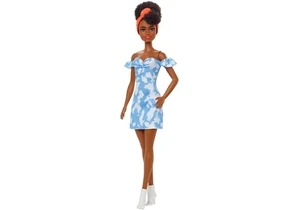 Barbie HBV17 Fashionistas Puppe Barbie im Schulterfreien Gebleichten Jeanskleid, Schwarze Haare, Bandana
