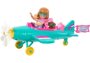 Barbie HTK38 Barbie Chelsea-Spielset Aus Puppe Und Flugzeug, Zweisitzerflugzeug Mit Drehpropeller Und 7 Zubehörteilen