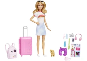 Barbie HJY18 Puppe Barbie (Blond), Reisepuppe Mit Hund & Urlaubs-Zubehör