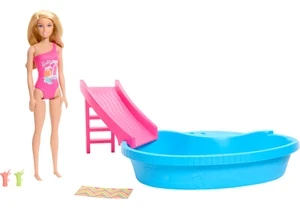 Barbie HRJ74 Barbie-Puppe Und Pool Spielset, Blonde Puppe Mit Pool, Rutsche, Handtuch Und Getränke-Accessoires