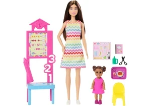 Barbie JCR76 Barbie-Puppe Lehrerin Mit Brünetter Modepuppe, 1 Kleinkind-Puppe Und Unterrichtszubehör
