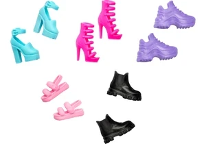 Barbie HWV71 Barbie-Puppen-Zubehör, 5 Paar Schuhe, Darunter Schuhe Mit Absatz, Sneaker Und Sandalen