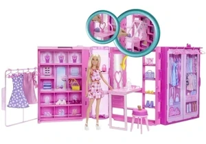 Barbie HXD58 Barbie Traumkleiderschrank Spielzeug, Spielset Mit Modepuppe, Moden Und Accessoires, Knapp 1 M Breit Mit Mehr Als 25 Teilen