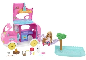 Barbie HNH90 Barbie Chelsea 2-In-1-Camper-Spielset Mit Kleiner Chelsea-Puppe, 2 Haustieren Und 15 Zubehörteilen