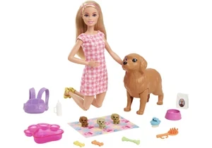 Barbie HCK75 Puppe Barbie Blond Mit Hund & Welpen, Set Inkl. Zubehör