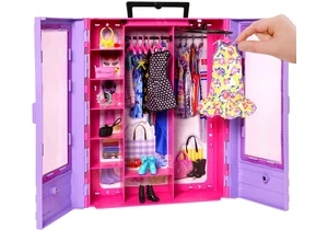 Barbie HJL65 Zubehör Kleiderschrank Mit Tragegriff (Lila/Rosa) Ausklappbar Mit Zubehör