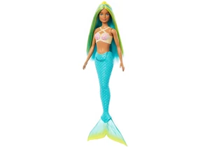 Barbie HRR03 Puppe Meerjungfrau mit blau-gelbem Haar und türkiser Flosse