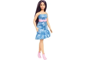 Barbie HYT89 Fashionistas Puppe Barbie Nr. 231 in Denim-Schmetterlingskleid Mit Rosa Gürtel, Violettes Haar