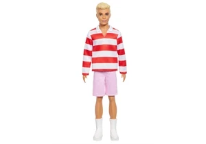 Barbie HYV01 Fashionistas Puppe Ken Nr. 241 in Rot-Weiß Gestreiftem Oberteil Und Rosafarbener Kurzer Hose Mit Weißen Sneakern, Blond