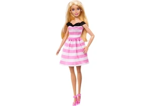 Barbie HTH66 Barbie-Modepuppe Mit Blonden Haaren Zum Feier Des 65-Jährigen Jubiläums, Pink Gestreiftes Kleid Und Accessoires