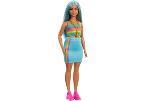 Barbie HRH16 Fashionistas Puppe Barbie Nr. 218 Mit Blauen Haaren, Regenbogenoberteil Und Türkisfarbenem Rock, 65. Jubiläum