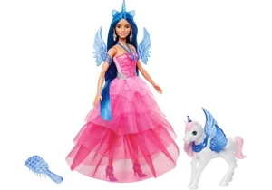 Barbie HRR16 Barbie Einhorn-Spielzeug, Puppe Zum 65. Jubiläum Mit Blauen Haaren, Pinkfarbenem Kleid Und Haustier-Einhorn