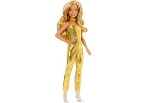 Barbie HRH19 Fashionistas Puppe Barbie Nr. 222, Petite Körpergröße, Welliges Blondes Haar, Goldener Jumpsuit, 65. Jubiläum