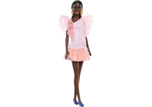 Barbie HRH14 Fashionistas Puppe Barbie Puppe Nr. 216 Mit Großem Körperbau, Schwarzen Glatten Haaren Und Apricotfarbenem Kleid, 65-Jähriges Jubiläum