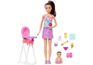 Barbie JJB44 Skipper Babysitter Spielset mit Kleinkind-Puppe, Hochstuhl Und 8 Zubehörteilen