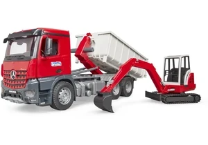 Bruder 3624 Mercedes-Benz Arocs LKW mit Abrollcontainer und Schaeff HR16 Minibagger
