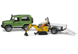 Bruder 2593 Land Rover Defender Station Wagon mit Einachsanhänger, JCB Mikrobagger 8010 CTS und Bauarbeiter