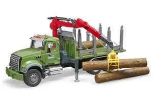 Bruder 2824 MACK Granite Holztransport-LKW mit Ladekran, Greifer und 3 Baumstämmen