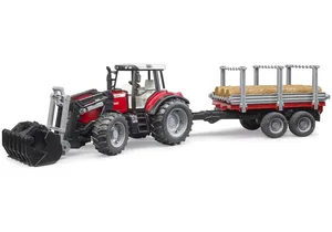 Bruder 2046 Massey Ferguson 7480 mit Frontlader, Holztransportanhänger und 3 Baumstämmen